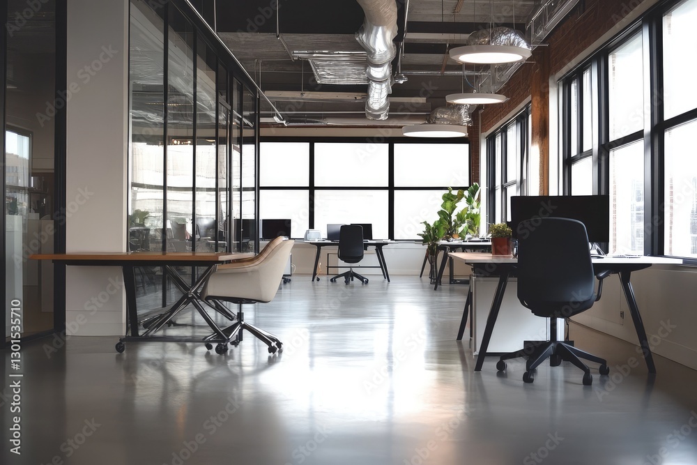 Modern office with banner and contemporary design elements. AI generated illustration. Modern office with banner and contemporary design elements. AI generated illustration.