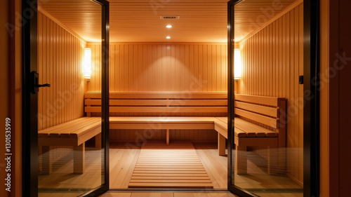 A glass door opening into the sauna room photo