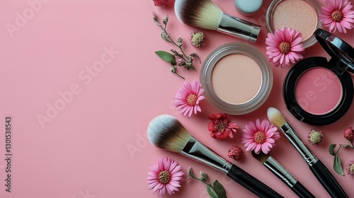 Makeup Brushes and Cosmetics Arranged With Floral Accents on a Pink Background