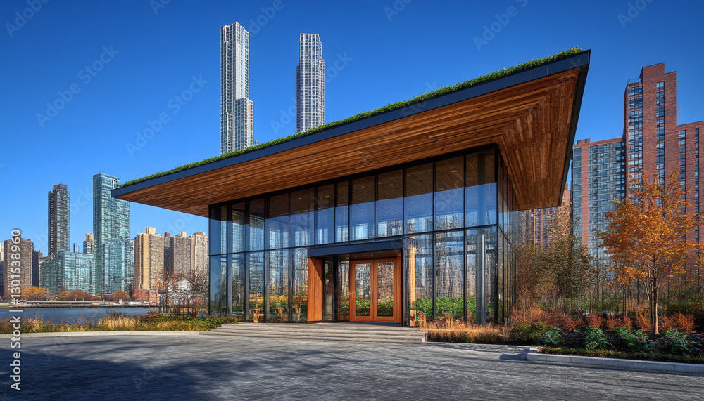 Modern Glass and Wood Pavilion in Urban Park Setting