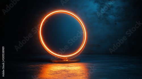 Neon Circular Light in Dark Room With Blue Backdrop and Reflective Surface En...