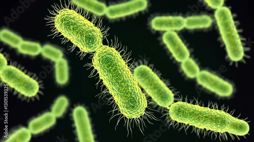 Magnified View of Bacteria with Green Fluorescence Under Microscope
