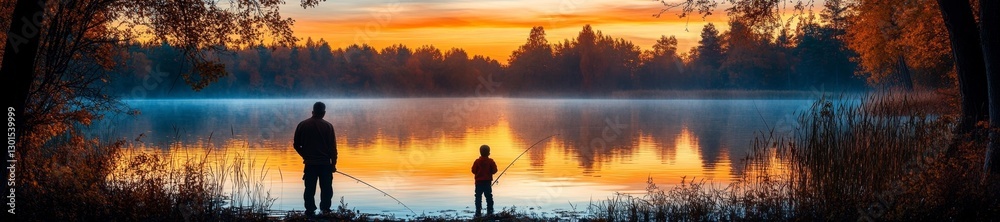 Father and child fishing at sunset with a colorful sky and serene lake. Generative AI Father and child fishing at sunset with a colorful sky and serene lake. Generative AI