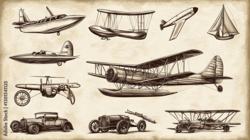 Obraz premium Transportation from the past, drawn in a classic style. Boats and planes from the old days. Vehicles from way back when. Looks like an old print.
