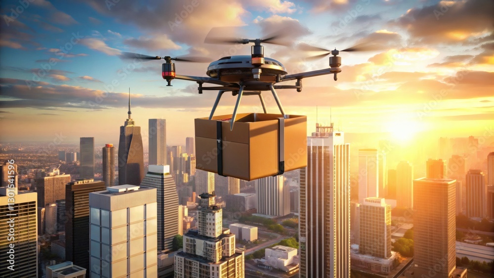 Drone Delivery over Cityscape at Sunset Drone Delivery over Cityscape at Sunset
