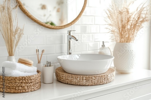 Modern white bathroom with decorative objects and city view. AI generated illustration. photo