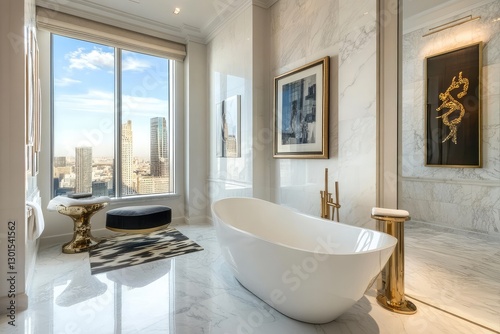 Modern white bathroom with decorative objects and city view. AI generated illustration. photo