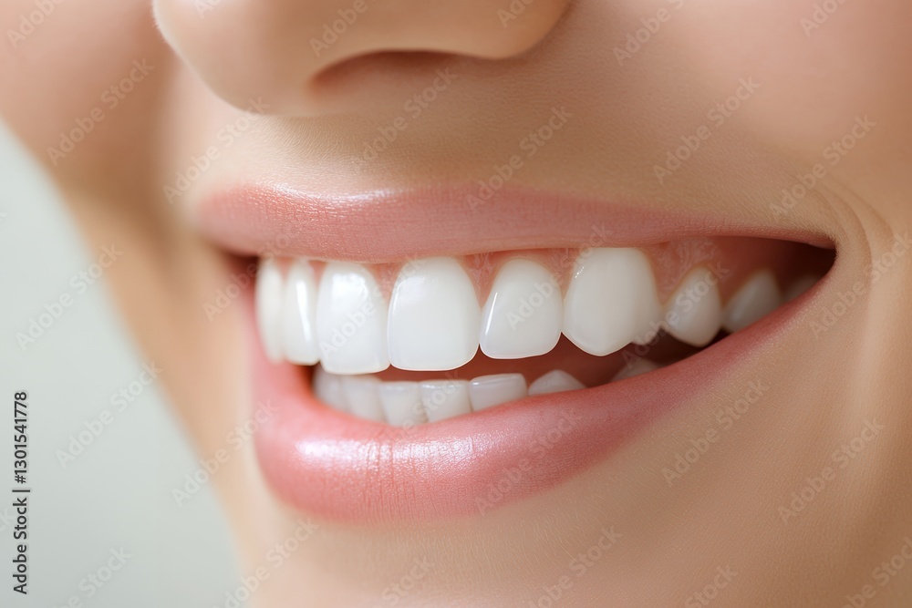 Fototapeta premium Close-up of female caucasian young adult smiling bright with perfect teeth