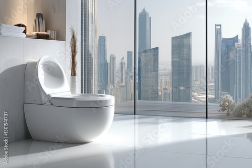 Modern white bathroom with decorative objects and city view. AI generated illustration. photo