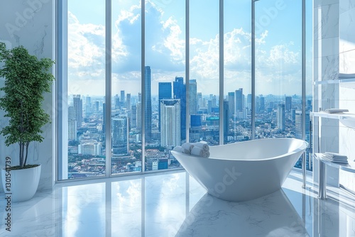 Modern white bathroom with decorative objects and city view. AI generated illustration. photo