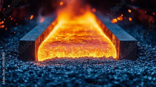 Molten Metal Flows From a Furnace During Steel Production in an Industrial Se...