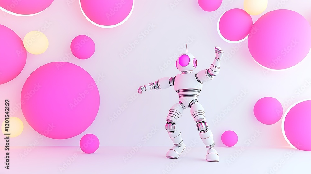 Playful Robot Dancing Against Colorful Pink Circular Background Playful Robot Dancing Against Colorful Pink Circular Background