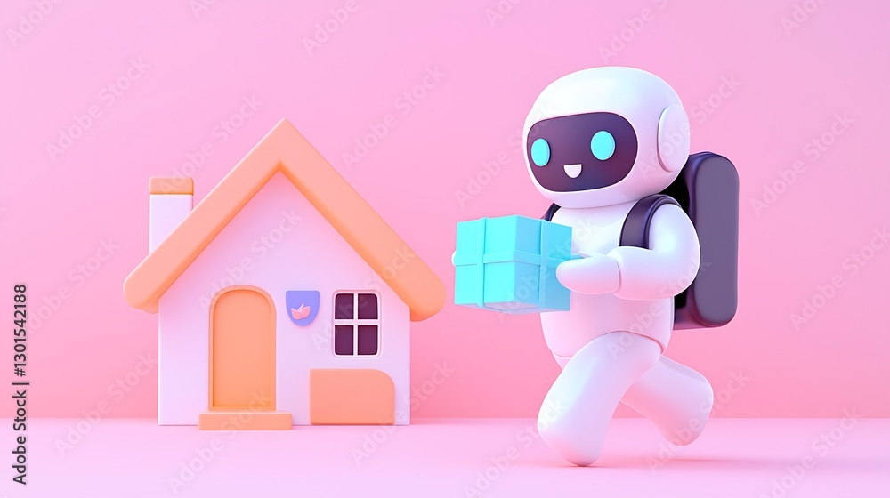 Cute Robot Delivering Gift to a Cozy House on Pink Background Cute Robot Delivering Gift to a Cozy House on Pink Background