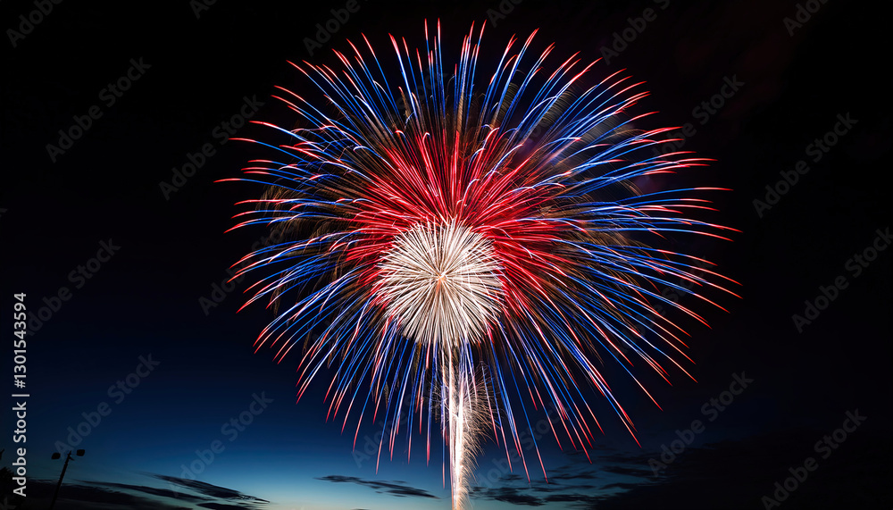 Firework Display Bursting in Vibrant Red, White, and Blue Against a Night Sky Firework Display Bursting in Vibrant Red, White, and Blue Against a Night Sky