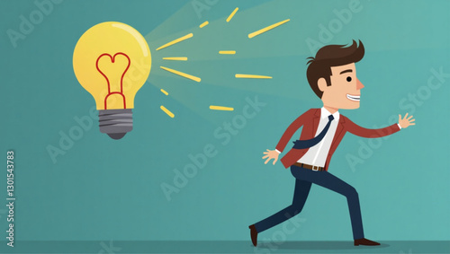 Businessman with Flying Light Bulb, Searching for Creative Ideas and Innovation