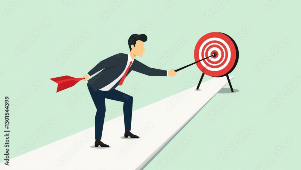 Businessman with Red Flag Navigating Path to Dartboard, Symbolizing Goal Achievement Businessman with Red Flag Navigating Path to Dartboard, Symbolizing Goal Achievement