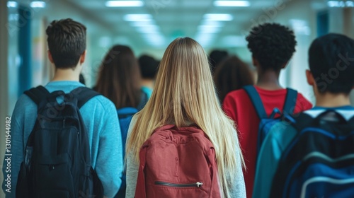 A group of high school students walking in the hallway, seen from behind