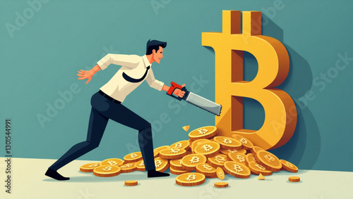 Businessperson Sawing Through Floor to Depict Bitcoin Collapse, Illustrating Cryptocurrency Market Crisis and Financial Instability