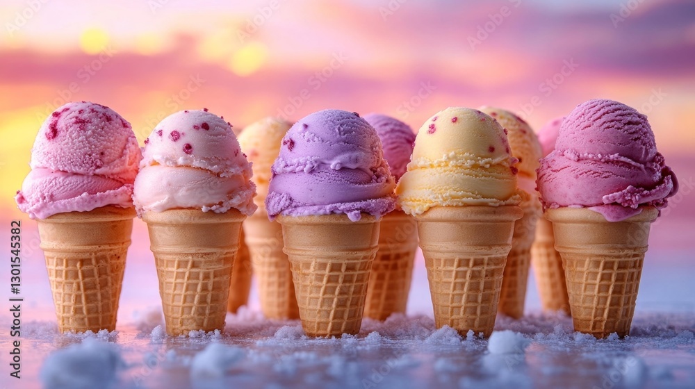 Brightly colored ice cream cones in a vibrant sunset background creating a joyful atmosphere. Generative AI Brightly colored ice cream cones in a vibrant sunset background creating a joyful atmosphere. Generative AI