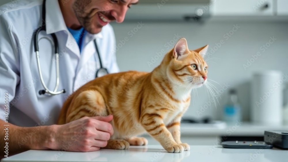 Veterinarian examining ginger cat in clinic setting Veterinarian examining ginger cat in clinic setting