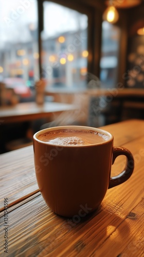 Warm Cup of Hot Chocolate With Cocoa Dust on Top Surrounded by Coffee Beans a...