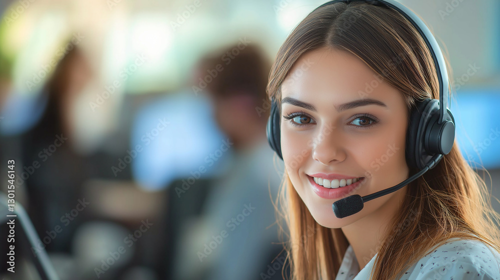 Friendly customer service representative wearing a headset, blurred modern call center background, warm lighting, welcoming expression, hyper-detailed, high-resolution Friendly customer service representative wearing a headset, blurred modern call center background, warm lighting, welcoming expression, hyper-detailed, high-resolution