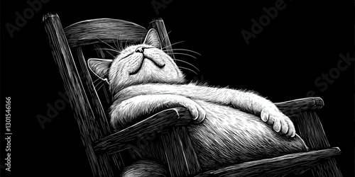 Relaxed Cat in Wooden Rocking Chair Black and White Drawing - Serene Feline Napping Art, Whiskers, Kitten, Cozy Resting, Furry, Sleepy Dreaming Illustration