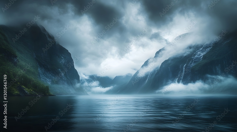 Fototapeta premium Dramatic clouds and heavy rain over a deep fjord