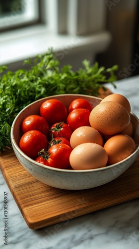 Fresh Vegetables and Eggs Arranged in a Bowl on a Wooden Surface by a Window ...