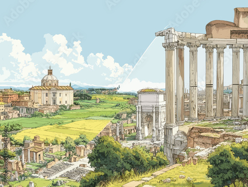 Stunning Illustration of Ancient Roman Forum with Majestic Ruins, Iconic Architecture and Lush Landscape Showcasing Historical Beauty and Cultural Heritage