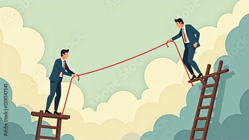 Choosing Between Hard and Easy Paths: Businessman Climbs Rope Instead of Ladder, Success Metaphor