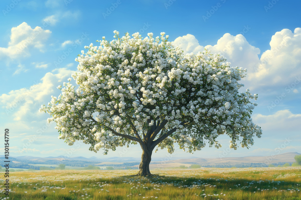 Obraz premium Blossoming apple tree adorned with pure white flowers under bright blue sky