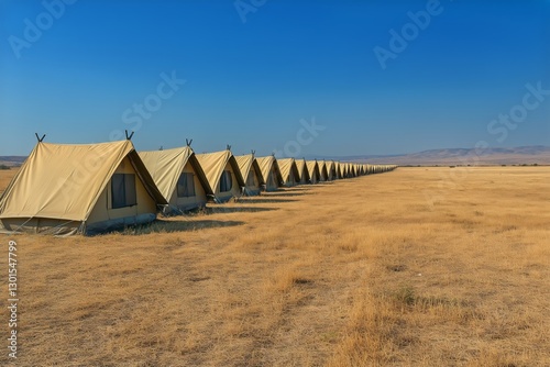 Glamping Tents Set up in an Expansive Field Under a Clear Blue Sky