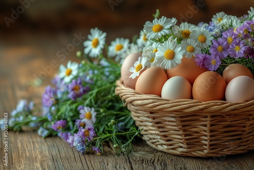 Fresh Eggs and Wildflowers in a Wicker Basket on a Rustic Wooden Table