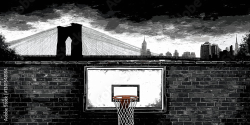 Urban Basketball Court in Front of Iconic Brooklyn Bridge Skyline with Dramatic Cloudy Sky, Brick Wall, and Hoop - New York Street Art Vibe