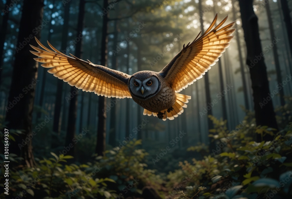Fototapeta premium Owl gliding gracefully through a misty forest at dawn