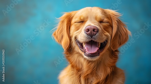 An Adorable Golden Retriever with a Joyful Smirk and Closed Eyes on a Brilliant Blue Background