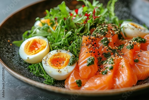 Delicious Salmon Fillet Served With Scrambled Eggs and Fresh Vegetables in a ...