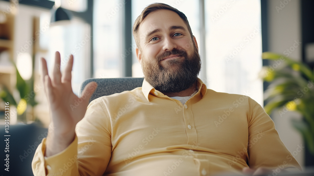 Obraz premium A friendly bearded professional engaging in a webcam meeting, making a warm gesture while sitting in a modern office. His confident and approachable expression reflects strong comm