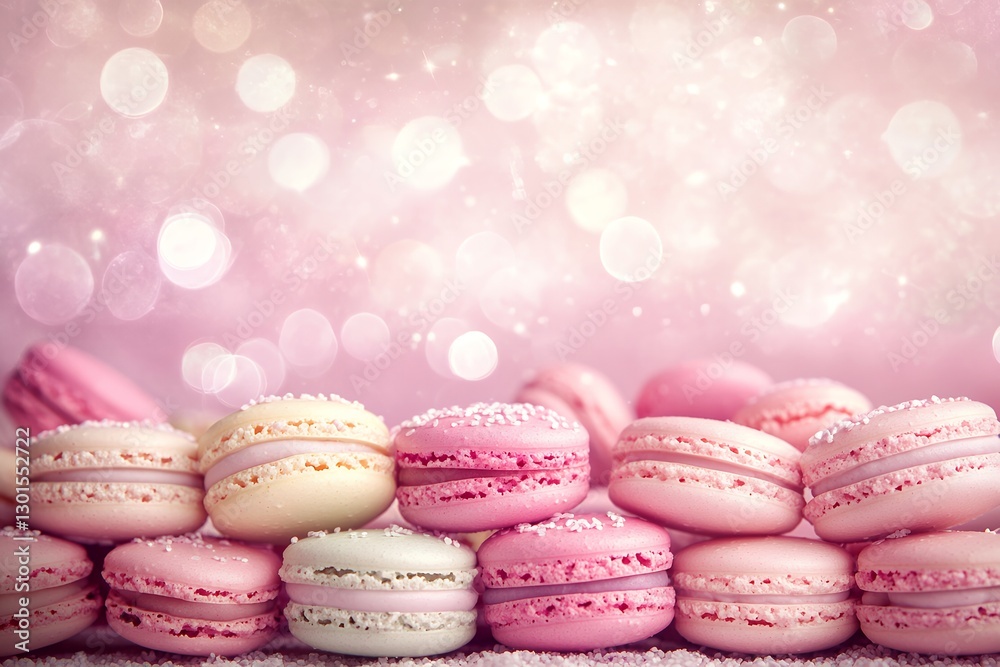 Assortment of pink and white macarons with sparkling bokeh background Assortment of pink and white macarons with sparkling bokeh background