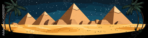 Majestic Giza Pyramids Under Starry Night Sky With Sand Dunes Palm Trees Ancient Egypt Iconic Landmark Architecture Travel History Desert Scene