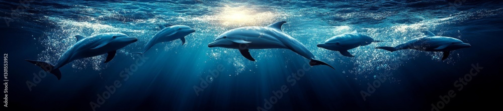 Fototapeta premium A group of dolphins swimming gracefully in a deep blue ocean with sunlight filtering through the water. Generative AI