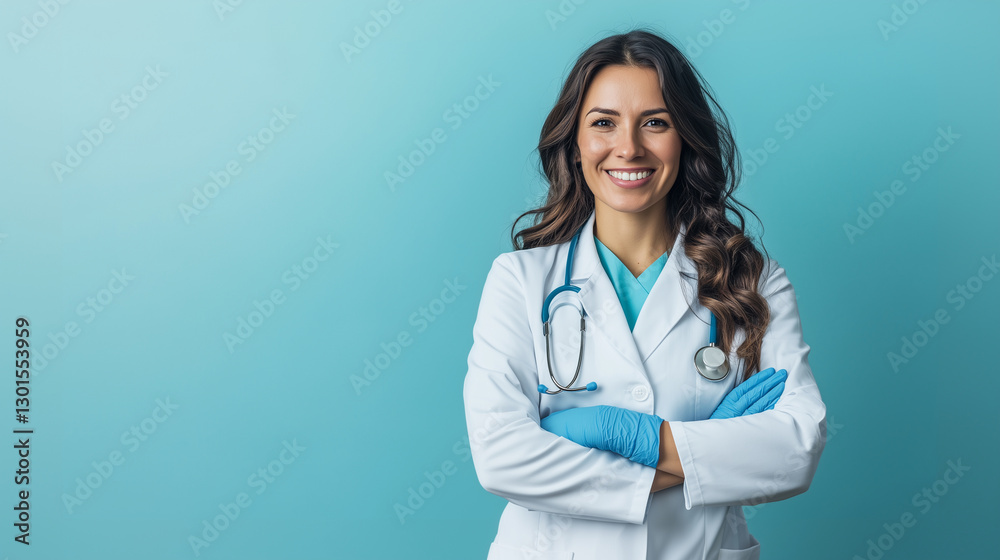 A confident and professional female doctor with long wavy hair, wearing a white lab coat and blue medical gloves, smiling warmly. She stands with her arms crossed against a neutral A confident and professional female doctor with long wavy hair, wearing a white lab coat and blue medical gloves, smiling warmly. She stands with her arms crossed against a neutral
