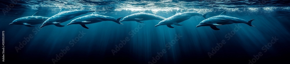 Obraz premium A pod of dolphins moving in unison under the glowing sunlight in a deep blue ocean. Generative AI