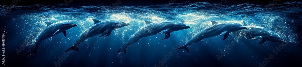 Naklejka premium Several dolphins swimming together in deep blue water with light filtering through the surface. Generative AI