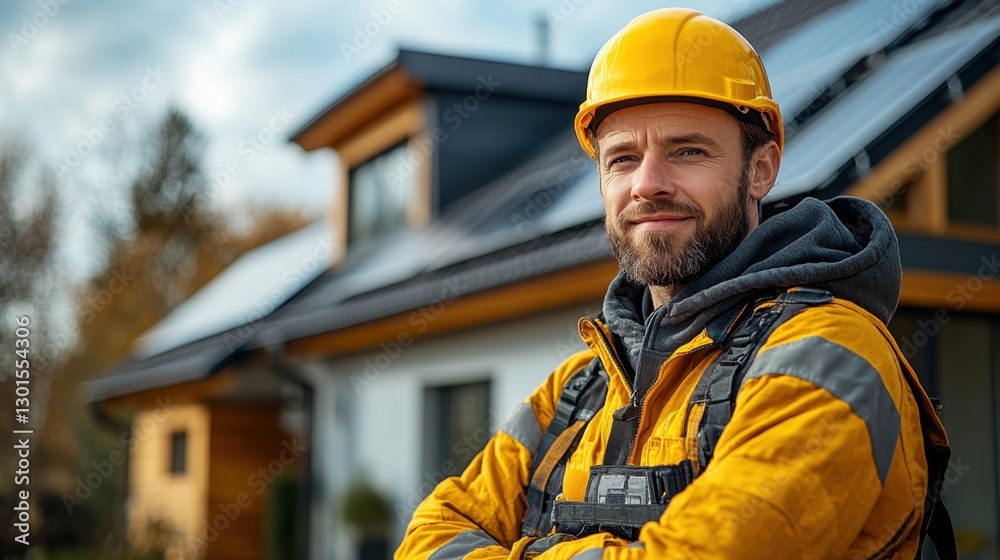Engineer installing solar panels on house roof: renewable energy and sustainability. Engineer smiles proudly after installing solar panels, promoting renewable energy and eco-friendly practices. Engineer installing solar panels on house roof: renewable energy and sustainability. Engineer smiles proudly after installing solar panels, promoting renewable energy and eco-friendly practices.