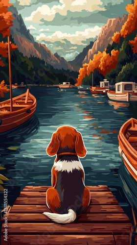 Enchanting Autumn Lake Scene with Beagle on Dock Surrounded by Boats in Vibrant Fall Foliage in Serene Mountain Landscape - A Captivating Nature Illustration