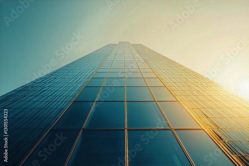 Majestic Glass Tower Reaching Towards the Bright Blue Sky at Sunset