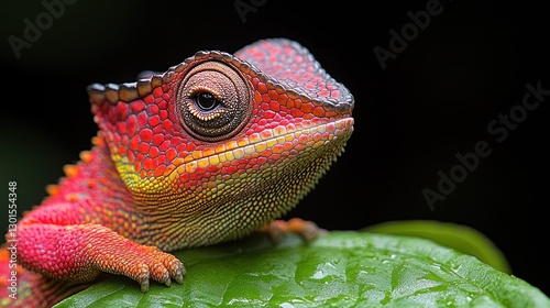 Close-up of vibrant red and yellow chameleon on leaf in dark forest photo