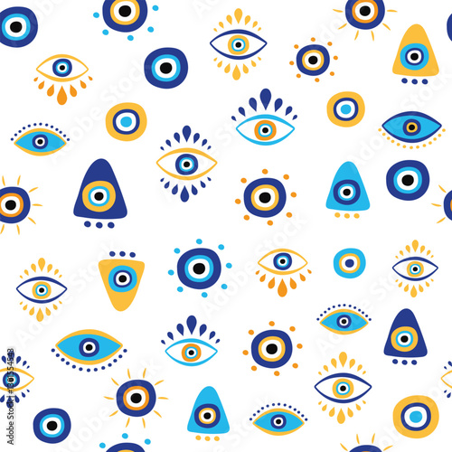 Bohemian and modern evil eye pattern design. Inspired by traditional Turkish culture, this seamless pattern features stylish and minimal evil eye motifs. Perfect for textiles, wallpapers, stationery, 